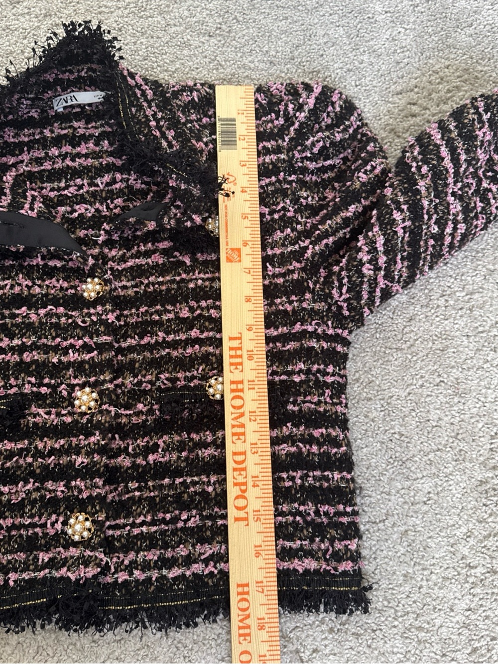 Zara Purple Tweed Jacket Pearl Buttons Size M Puff Shoulders Cropped - Picture 9 of 10